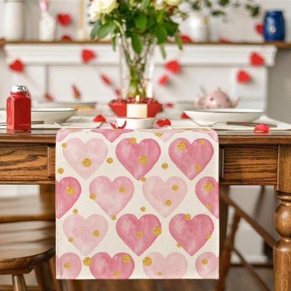 Valentines Day Table Runner Pink Heart Dining Cloth Cottage Wedding Party Decor - Picture 2 of 5